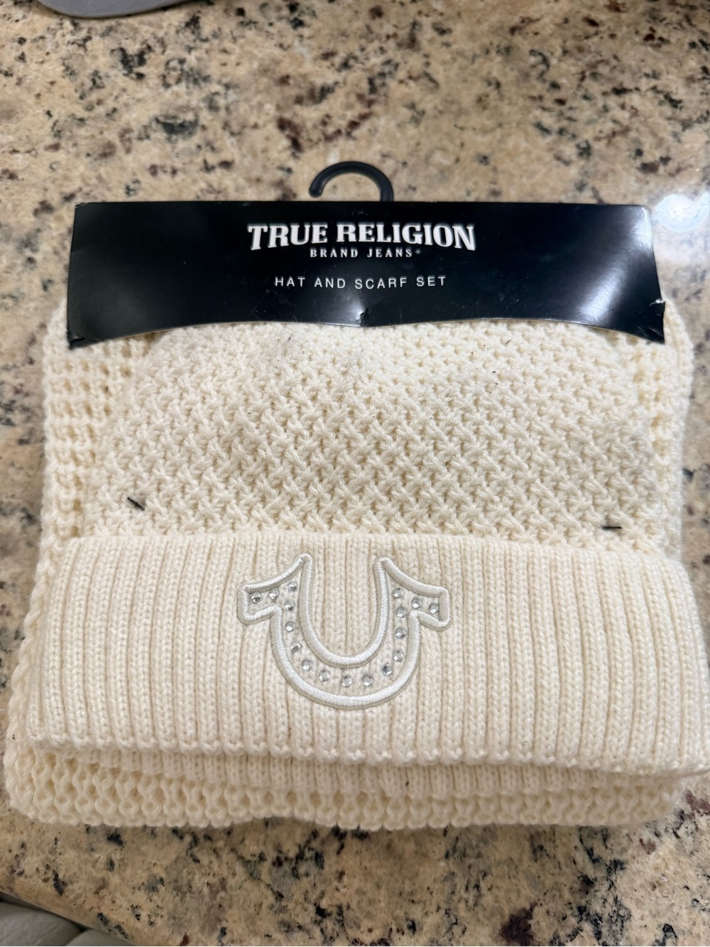 True Religion Cream Knit Hat & Scarf Set with Studded Horseshoe